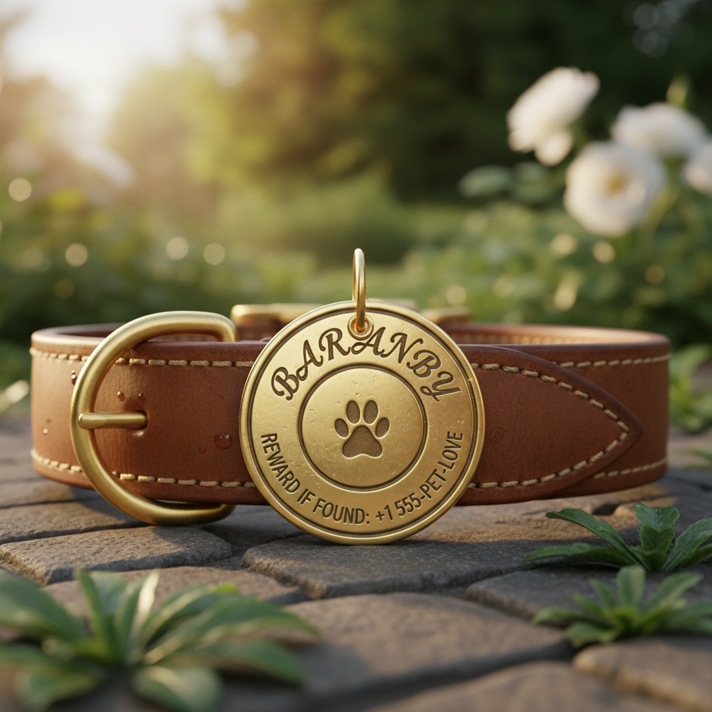 따뜻한 햇살이 비치는 정원을 배경으로, 고급스러운 갈색 가죽 목줄에 달린 정교하게 각인된 황동 강아지 인식표의 초근접 고해상도 사진.