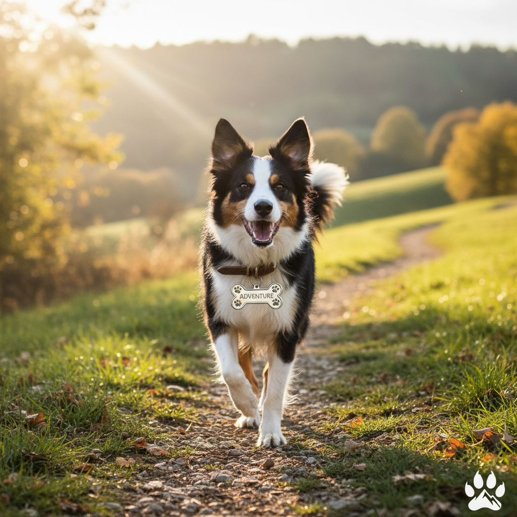 야외 산책 중 햇빛을 받아 반짝이는 스테인리스 스틸 뼈다귀 모양 인식표를 착용하고 활기차게 뛰고 있는 보더콜리의 전문적인 라이프스타일 사진.