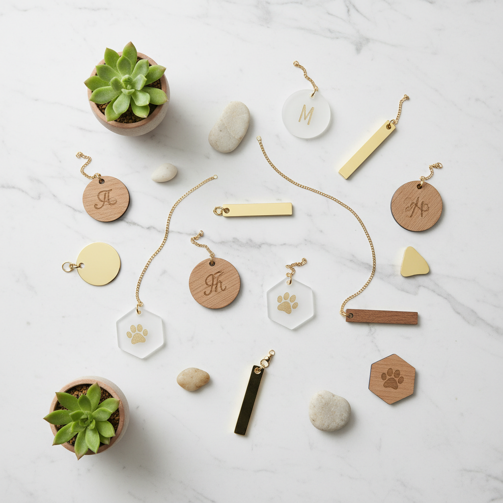 화이트 대리석 질감 위에 정갈하게 배치된 나무, 매트 아크릴, 골드 등 다양한 소재의 미니멀한 강아지 인식표들과 작은 다육식물이 어우러진 감성적인 플랫레이 사진.