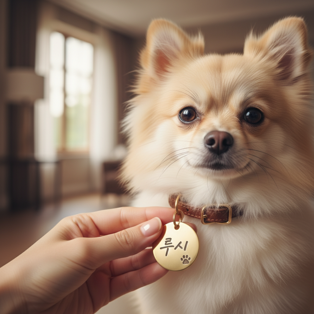 주인의 손이 작은 포메라니안 옆에서 맞춤형 원형 인식표를 부드럽게 잡고 있으며, 강아지가 맑은 눈망울로 카메라를 응시하는 따뜻한 분위기의 클로즈업 샷.