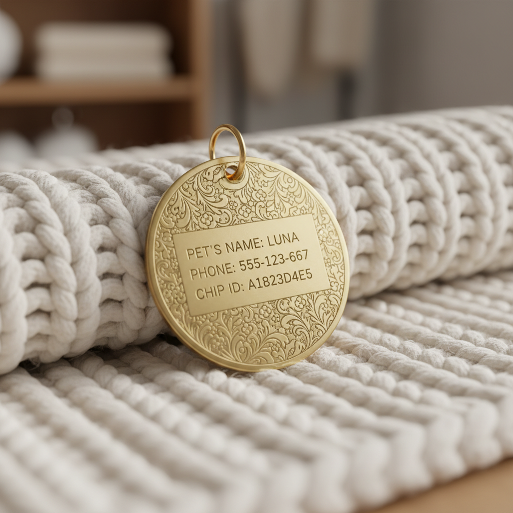 부드러운 니트 담요 위에 놓인, 섬세한 꽃무늬 패턴과 연락처가 선명하게 각인된 수제 강아지 인식표의 디테일을 포착한 매크로 사진.