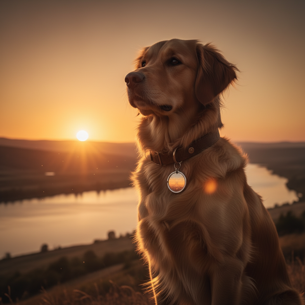석양을 배경으로 위엄 있게 앉아 있는 골든 리트리버와 따뜻한 주황빛을 반사하며 안전과 동반자 관계를 상징하는 은색 인식표의 영화 같은 장면.