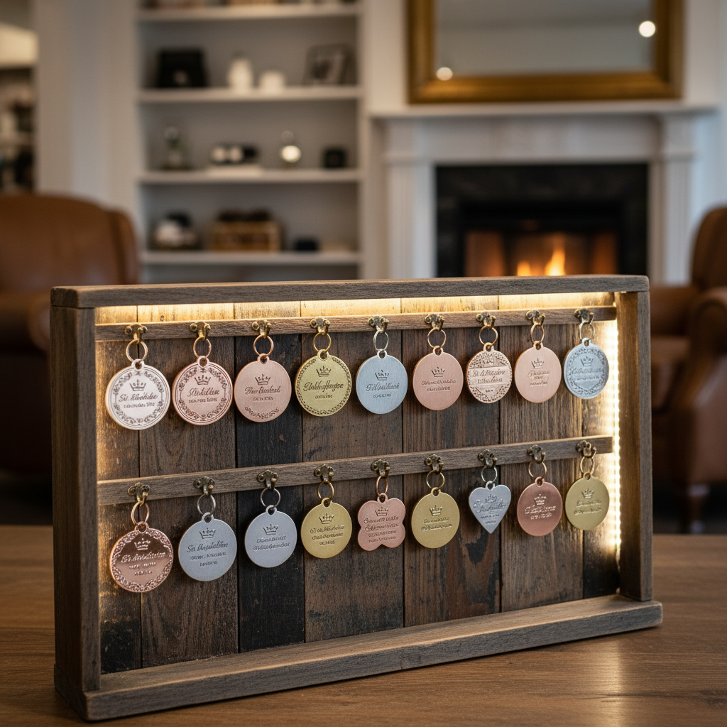 따뜻한 실내 조명 아래 로즈 골드와 실버 등 다양한 소재와 폰트를 보여주는, 빈티지한 나무 거치대에 걸린 여러 종류의 럭셔리 강아지 인식표 전시 이미지.